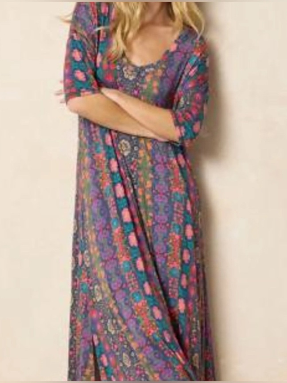 Natural Life Maxi Dress Size M Boho Festival Floral Jersey Short Sleeve Scoop